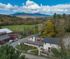 ariel view of Trattoria La Festa with Green Mountains